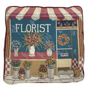 1980s-90s Artsy Florist Shop Tapestry Throw Pillow Cushion Home Decor 12.75 in